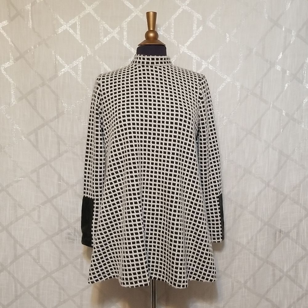 Tyler Boe Tunic Top Womens Small Black White Checkered Patchwork Faux Leather
